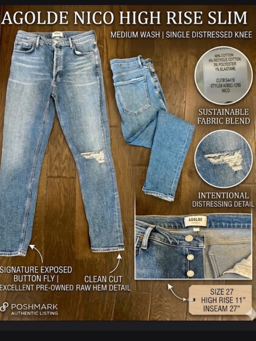 AGOLDE Nico High Rise Slim Jeans in Shoreline | Size 27 | Distressed Button Fly - Picture 2 of 8
